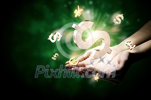 Dollar euro yen pound currency symbols in palms Dollar euro yen pound currency symbols in palms