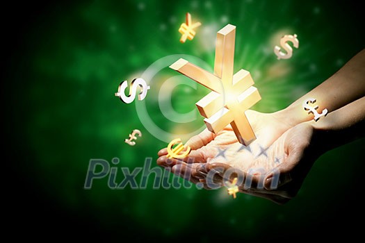Dollar euro yen pound currency symbols in palms Dollar euro yen pound currency symbols in palms