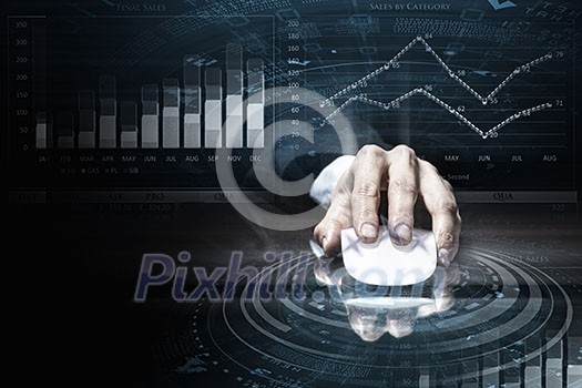 Hand of businessman in suit on dark background using wireless computer mouse Hand of businessman in suit on dark background using wireless computer mouse