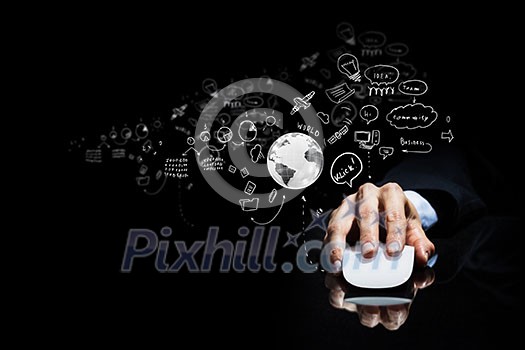 Hand of businessman in suit on dark background using wireless computer mouse Hand of businessman in suit on dark background using wireless computer mouse