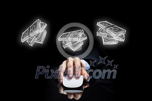 Hand of businessman in suit on dark background using wireless computer mouse Hand of businessman in suit on dark background using wireless computer mouse