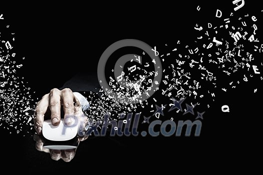 Hand of businessman in suit on dark background using wireless computer mouse Hand of businessman in suit on dark background using wireless computer mouse