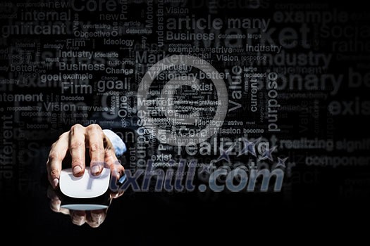 Hand of businessman in suit on dark background using wireless computer mouse Hand of businessman in suit on dark background using wireless computer mouse
