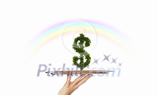 Hand of waiter holding tray with green dollar Hand of waiter holding tray with green dollar