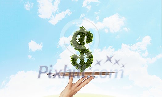 Hand of waiter holding tray with green dollar Hand of waiter holding tray with green dollar
