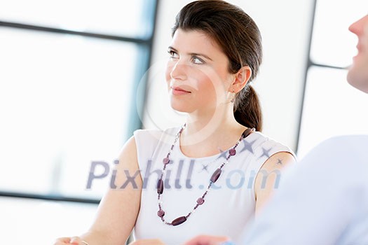Businesswoman having a discussion with her collegues Businesswoman having a discussion with her collegues