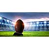 American football stadium and ball on green grass. Mixed media