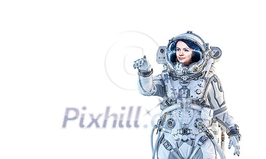 Woman astronaut in space touching planet. Elements of this image furnished by NASA Woman astronaut in space touching planet. Elements of this image furnished by NASA