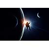 Astronaut in space over Earth planet. Elements of this image furnished by NASA. Mixed media