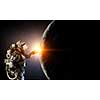 Woman astronaut in space touching planet. Elements of this image furnished by NASA