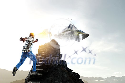 Happy African American man in headphones running and enjoying music. Mixed media Happy African American man in headphones running and enjoying music. Mixed media