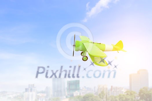 Retro airplane flying high in sky. Mixed media Retro airplane flying high in sky. Mixed media