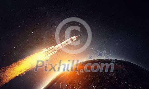 Rocket missile flying around Earth planet. Elements of this image are furnished by NASA Rocket missile flying around Earth planet. Elements of this image are furnished by NASA