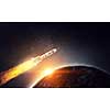 Rocket missile flying around Earth planet. Elements of this image are furnished by NASA