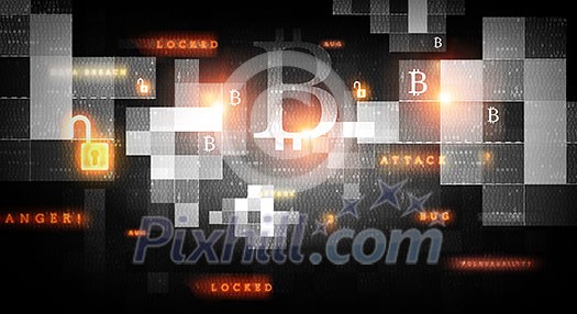 Background technology concept with crypto currency symbols. Mixed media Background technology concept with crypto currency symbols. Mixed media
