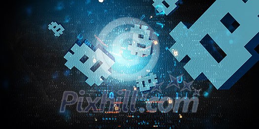 Background technology concept with crypto currency symbols. Mixed media Background technology concept with crypto currency symbols. Mixed media