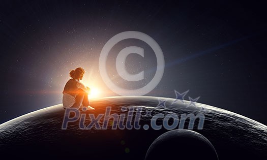 Little girl and big Earth planet. Elements of this image furnished by NASA Little girl and big Earth planet. Elements of this image furnished by NASA