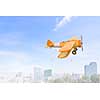 Retro airplane flying high in sky. Mixed media
