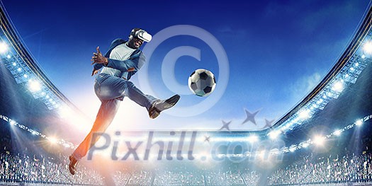 Virtual Reality headset on a black male playing football. Mixed media Virtual Reality headset on a black male playing football. Mixed media