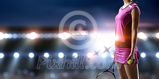 Young woman in uniform playing tennis. Mixed media Young woman in uniform playing tennis. Mixed media