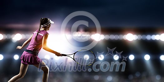 Young woman in uniform playing tennis in action. Mixed media Young woman in uniform playing tennis in action. Mixed media