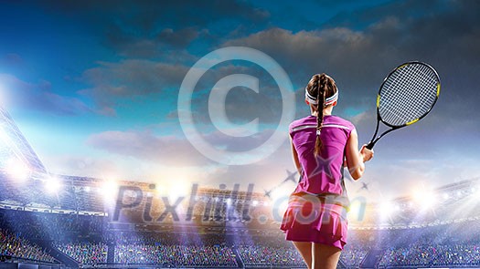Young woman in uniform playing tennis. Mixed media Young woman in uniform playing tennis. Mixed media
