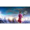 Young woman in uniform playing tennis. Mixed media