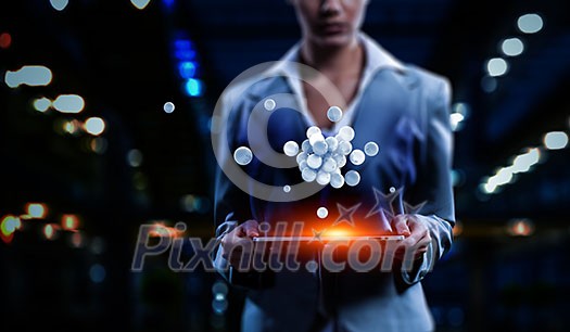 Businesswoman holding a tabalet with a bunch of colourful spheres levitating above. Mixed media Businesswoman holding a tabalet with a bunch of colourful spheres levitating above. Mixed media