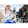 Female researcher carrying out research in a chemistry lab (color toned image; shallow DOF)