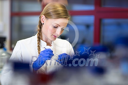 Portrait of a female researcher carrying out research in a chemistry lab (color toned image; shallow DOF) Portrait of a female researcher carrying out research in a chemistry lab (color toned image; shallow DOF)