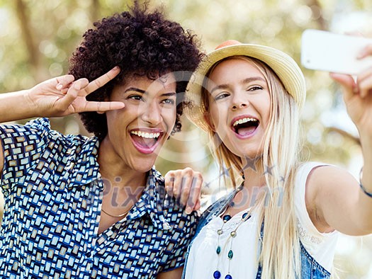 Two women friends in summer park making selfie Two women friends in summer park making selfie