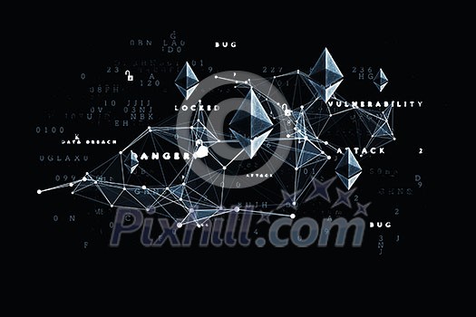 Ethereum signs with computer code, 3D graph, black background Ethereum signs with computer code, 3D graph, black background