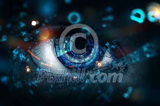 close up of eye with blue digital iris and digital code around close up of eye with blue digital iris and digital code around