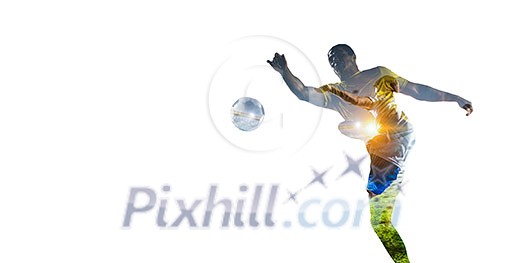Football player kicks the ball, isolated on white background Football player kicks the ball, isolated on white background