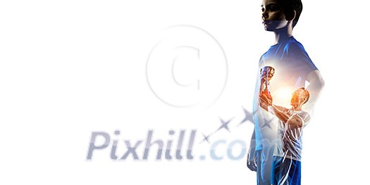 Kid with a ball and a football player with a cup, isolated on white background Kid with a ball and a football player with a cup, isolated on white background