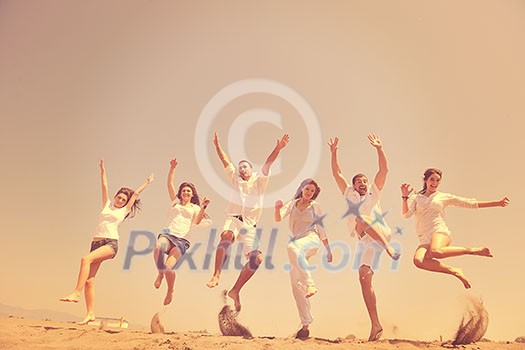 happy people group have fun run and jump on beach beautiful sand beach happy people group have fun run and jump on beach beautiful sand beach