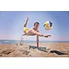 male beach volleyball game player jump on hot sand