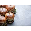Homemade juicy burgers with beef, cheese and caramelized onions. Street food, fast food. Copyspace