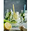 Fresh Summer Drink. Healthy detox fizzy lemonade with lemon and cucumber in mason jar. Healthy food concept. Detox diet.