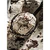 Vanilla ice cream ball with chocolate chips in a spoon