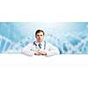 Young doctor with white blank banner. Place for text
