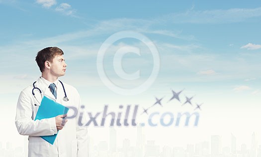 Young man doctor holding folder thinking something over Young man doctor holding folder thinking something over
