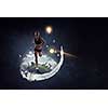 Young athlete girl running outdoor in summer sunny day. Mixed media