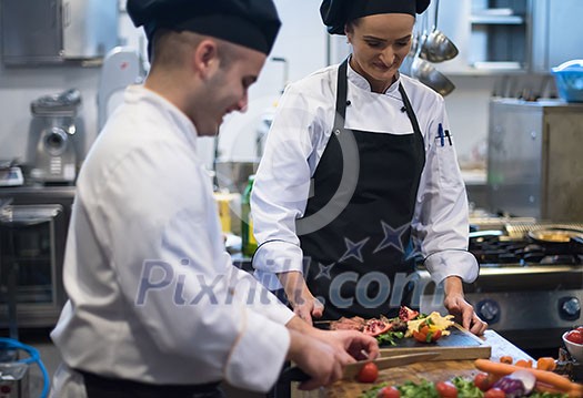 Professional team cooks and chefs preparing meal at busy hotel or restaurant kitchen Professional team cooks and chefs preparing meal at busy hotel or restaurant kitchen
