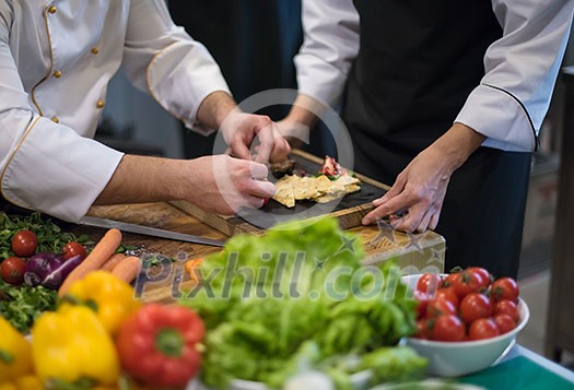 Professional team cooks and chefs preparing meal at busy hotel or restaurant kitchen Professional team cooks and chefs preparing meal at busy hotel or restaurant kitchen