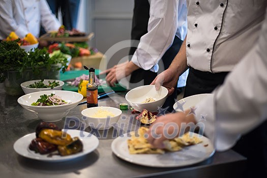 Professional team cooks and chefs preparing meal at busy hotel or restaurant kitchen Professional team cooks and chefs preparing meal at busy hotel or restaurant kitchen
