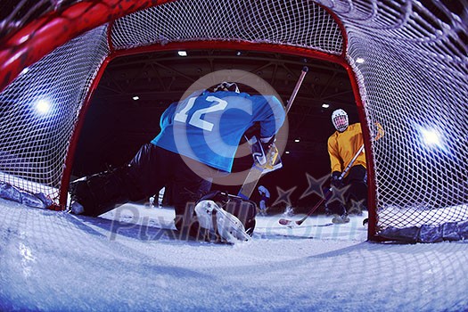 ice hockey goalkeeper player on goal in action ice hockey goalkeeper player on goal in action
