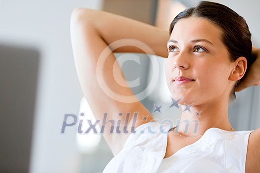 Beautiful woman portrait in white dress indoors Beautiful woman portrait in white dress indoors