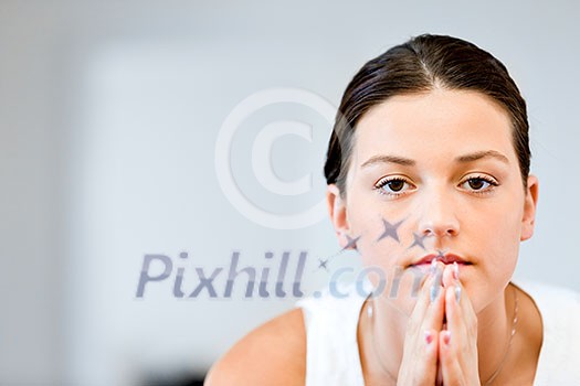 Beautiful woman portrait in white dress indoors Beautiful woman portrait in white dress indoors
