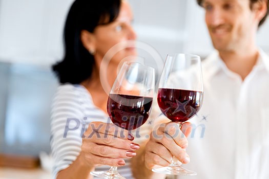 Portrait of a couple having a glass of red wine at home Portrait of a couple having a glass of red wine at home